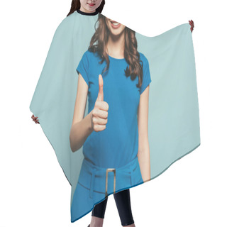 Personality  Cropped View Of Smiling Girl Showing Thumb Up Isolated On Blue Hair Cutting Cape