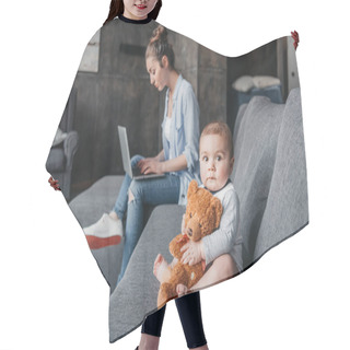 Personality  Mother With Little Boy At Home Hair Cutting Cape