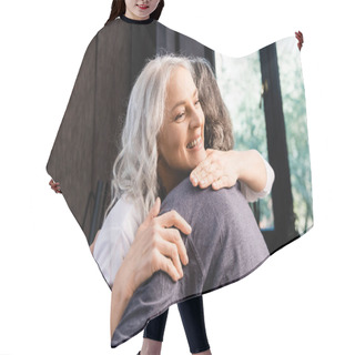 Personality  Cheerful Middle Aged Woman Hugging With Husband At Home Hair Cutting Cape