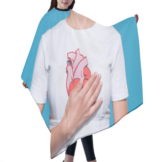 Personality  Cropped Shot Of Woman In White Tshirt With Paper Made Heart On Blue Backdrop Hair Cutting Cape