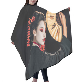 Personality  Side View Of Geisha In Black Kimono With Red Flowers In Hair Holding Traditional Asian Hand Fan Isolated On Black Hair Cutting Cape
