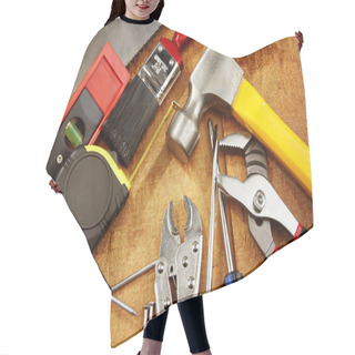 Personality  Assorted Work Tools On Wood Hair Cutting Cape