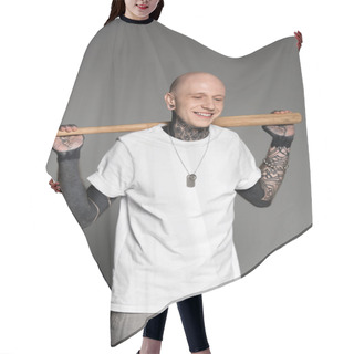 Personality  Cheerful Tattooed Man Standing With Baseball Bat On Shoulders And Laughing On Grey  Hair Cutting Cape
