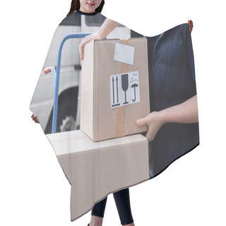 Personality  Cropped View Of Courier Taking Carton Box From Cart Outdoors  Hair Cutting Cape