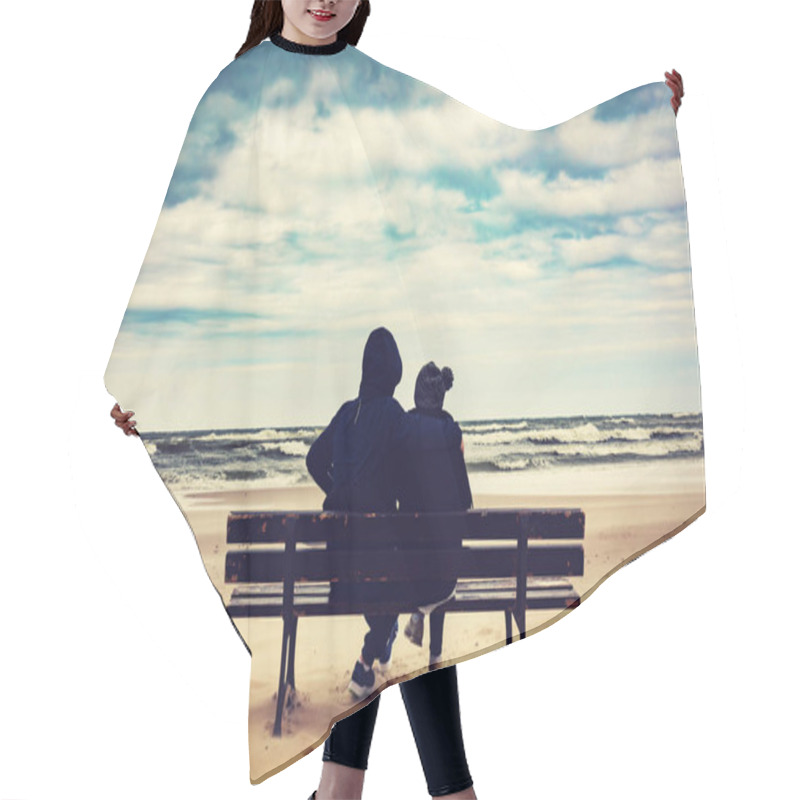 Personality  Back View Of Father And Daughter Sitting On Bench On Sandy Beach Hair Cutting Cape