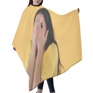 Personality  Scared Woman Covering Face With Hands Isolated On Yellow Hair Cutting Cape