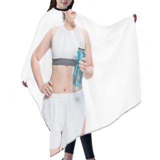 Personality  Cropped Shot Of Oversize Girl In Sportswear Holding Bottle Of Water Isolated On White Hair Cutting Cape