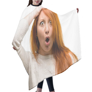 Personality  Beautiful Young Redhead Woman Happy And Surprised Cheering Expressing Wow Gesture Isolated Over White Background Hair Cutting Cape