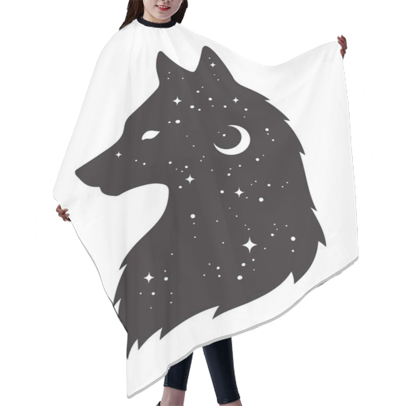 Personality  Silhouette Of Wolf With Crescent Moon And Stars Isolated. Sticker, Black Work, Print Or Flash Tattoo Design Vector Illustration. Pagan Totem, Wiccan Familiar Spirit Art Hair Cutting Cape