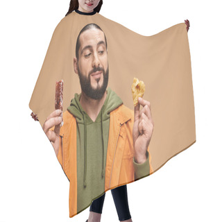 Personality  Joyful Bearded Man Smiling And Holding Baklava And Cevizli Sucuk On Beige Backdrop, Turkish Delights Hair Cutting Cape