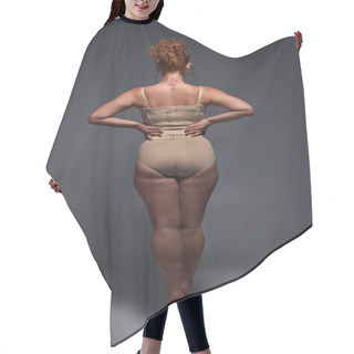 Personality  Back View Of Curvaceous Redhead Woman In Beige Lingerie With Hands On Waist On Dark Grey Backdrop Hair Cutting Cape