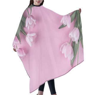 Personality  Pink Tulips Flowers On Pink Background. Waiting For Spring. Happy Easter Card. Flat Lay, Top View. Hair Cutting Cape
