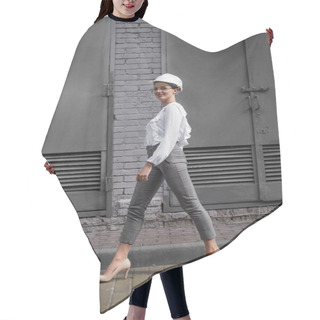 Personality  Businesswoman In Hardhat Walking Hair Cutting Cape