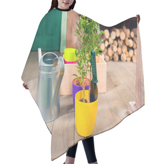 Personality  Close-up View Of Potted Plant And Watering Can On Porch Hair Cutting Cape