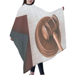 Personality  Wooden Gavel Near Passport And Notebook On Table Hair Cutting Cape