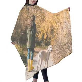 Personality  Back View Of Woman In Yellow Rubber Boots Walking With Golden Retriever In Autumnal Park Hair Cutting Cape