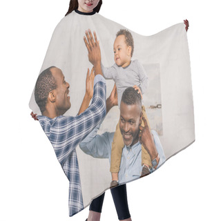 Personality  Happy African American Family Having Fun And Giving High Five At Home Hair Cutting Cape