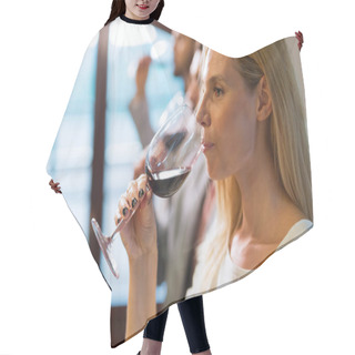 Personality  Beautiful Blonde Woman Drinking Glass Of Red Wine Indoors Hair Cutting Cape