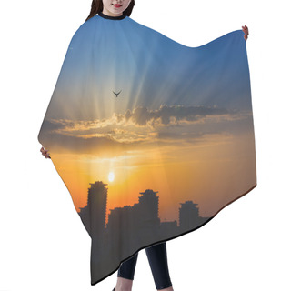 Personality  Rays Of Lights At Sunrise Sunset Over A City With Birds On Light Hair Cutting Cape