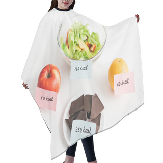 Personality  Fresh Fruits, Chocolate And Salad With Calories On Cards On White Background, Calorie Counting Diet Hair Cutting Cape