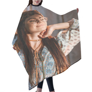 Personality  Hippie Girl Stretching In House Hair Cutting Cape