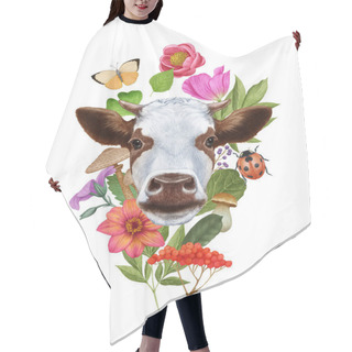 Personality   Hand-drawn Illustration Of Cow In Floral Frame Hair Cutting Cape
