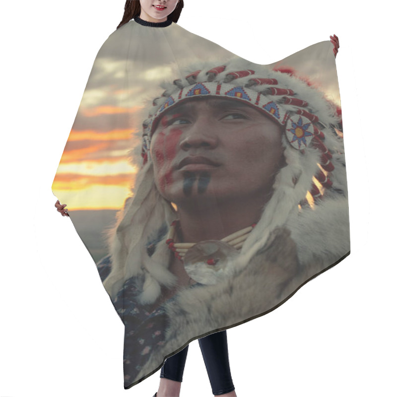 Personality  Native American Man At Sunset Outdoor In The Steppe Hair Cutting Cape