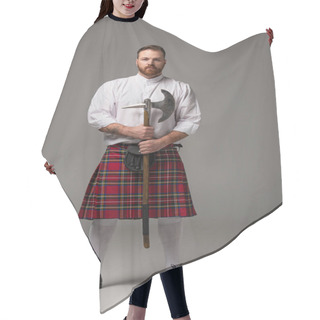 Personality  Scottish Redhead Man In Red Kilt With Battle Axe On Grey Background Hair Cutting Cape