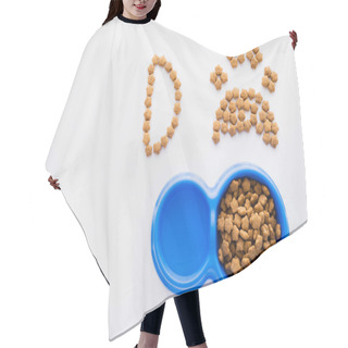 Personality  Top View Of Paw Shape Made Of Dry Pet Food Near Letter And Bowls Isolated On White Hair Cutting Cape