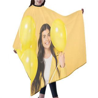 Personality  Attractive Woman Holding Yellow Balloons, Isolated On Yellow Hair Cutting Cape