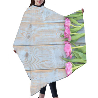 Personality  Background Of Pink  Purple Tulips With Empty Space Of Old Blue Grey Used Shelves Wood For Your Own Text Or Photo Hair Cutting Cape