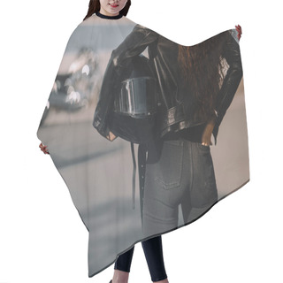 Personality  Cropped View Of Woman Holding Helmet, Motorcycle Standing On Background Hair Cutting Cape