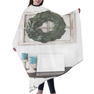 Personality  Blank Photo Frame Sitting On A Rustic Half Moon Table Table Below An Old Farmhouse Window Decorated With A Homemade Magnolia Leaf Wreath On An Interior Wall. Hair Cutting Cape