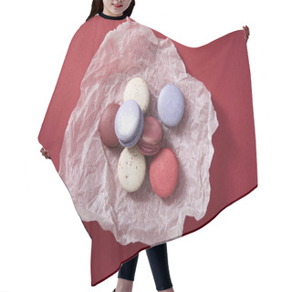 Personality  Top View Of Assorted Delicious Colorful French Macaroons On Crumpled Paper On Red Background Hair Cutting Cape