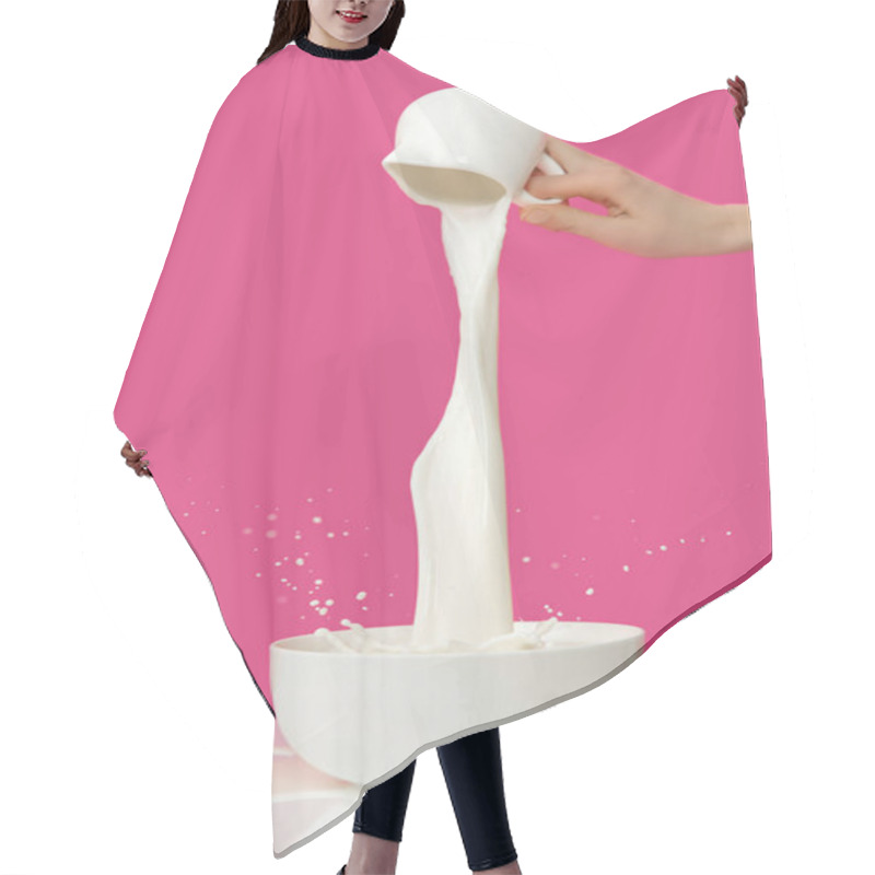 Personality  Partial View Of Person Pouring Fresh Healthy Milk From Jug To Bowl On Pink   Hair Cutting Cape