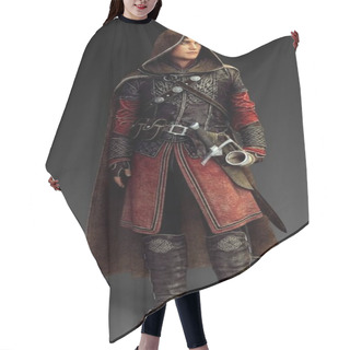 Personality  CGI Illustration Of Fantasy Male Hunter In Leather Armor With Hood Hair Cutting Cape