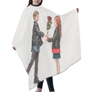 Personality  Handsome Little Boy Presenting Roses Bouquet To His Girlfriend Isolated On Grey Hair Cutting Cape