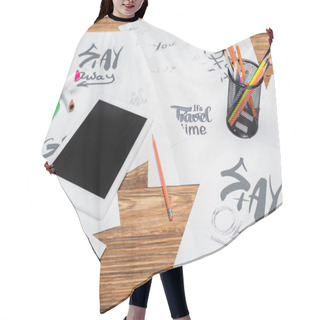Personality  Digital Tablet With Blank Screen, Color Pencils And Papers With Different Fonts On Wooden Desk Hair Cutting Cape