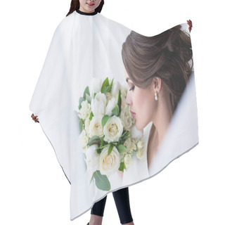Personality  Attractive Brunette Bride Sniffing Wedding Bouquet Hair Cutting Cape