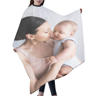 Personality  Attractive Mother Looking At Infant Son In Baby Romper  Hair Cutting Cape
