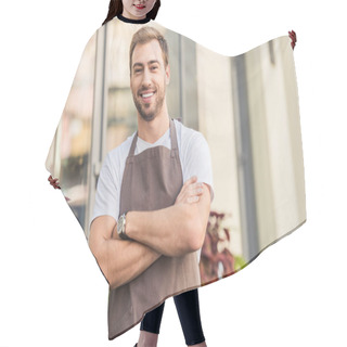 Personality  Smiling Handsome Florist In Apron Standing With Crossed Arms Near Flower Shop And Looking At Camera Hair Cutting Cape