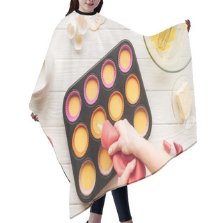 Personality  Partial View Of Woman Pouring Liquid Dough In Muffin Mold On Table Hair Cutting Cape