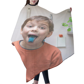 Personality  Boy Showing His Blue Tongue For A Candy Hair Cutting Cape