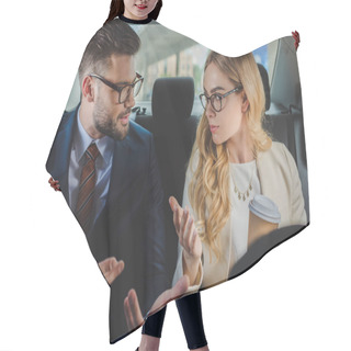 Personality  Young Man And Woman In Formal Wear And Eyeglasses Talking While Sitting Together In Car Hair Cutting Cape