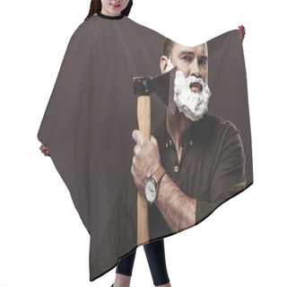 Personality  Handsome Bearded Man In Brown Shirt Shaving With Ax And Looking At Camera Isolated On Brown Hair Cutting Cape