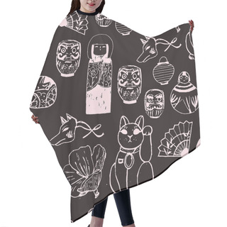 Personality  Treasures From Japan. Hand Drawn Seamless Vector Pattern With Cute Traditional Objects. Hair Cutting Cape