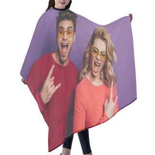 Personality  Excited Man And Woman Showing Rock Signs On Purple Background Hair Cutting Cape