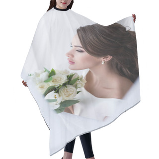 Personality  Young Brunette Bride Holding Wedding Bouquet Hair Cutting Cape
