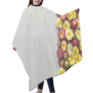 Personality  Top View Of Yellow And Purple Asters On White Background With Copy Space Hair Cutting Cape