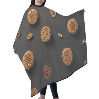 Personality  Top View Of Traditional Mooncakes And Feng Shui Coins Isolated On Black Hair Cutting Cape